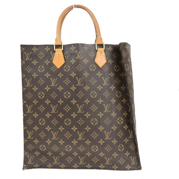 LOUIS VUITTON Logo Sac Plat Hand Tote Bag Monogram Leather Brown - Picture 11 of 15